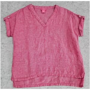 Isaacc Mizrahi 100% Linen Top, V Neck, Cuffed Sleeves, Hi-Low, Womens Sz S, New